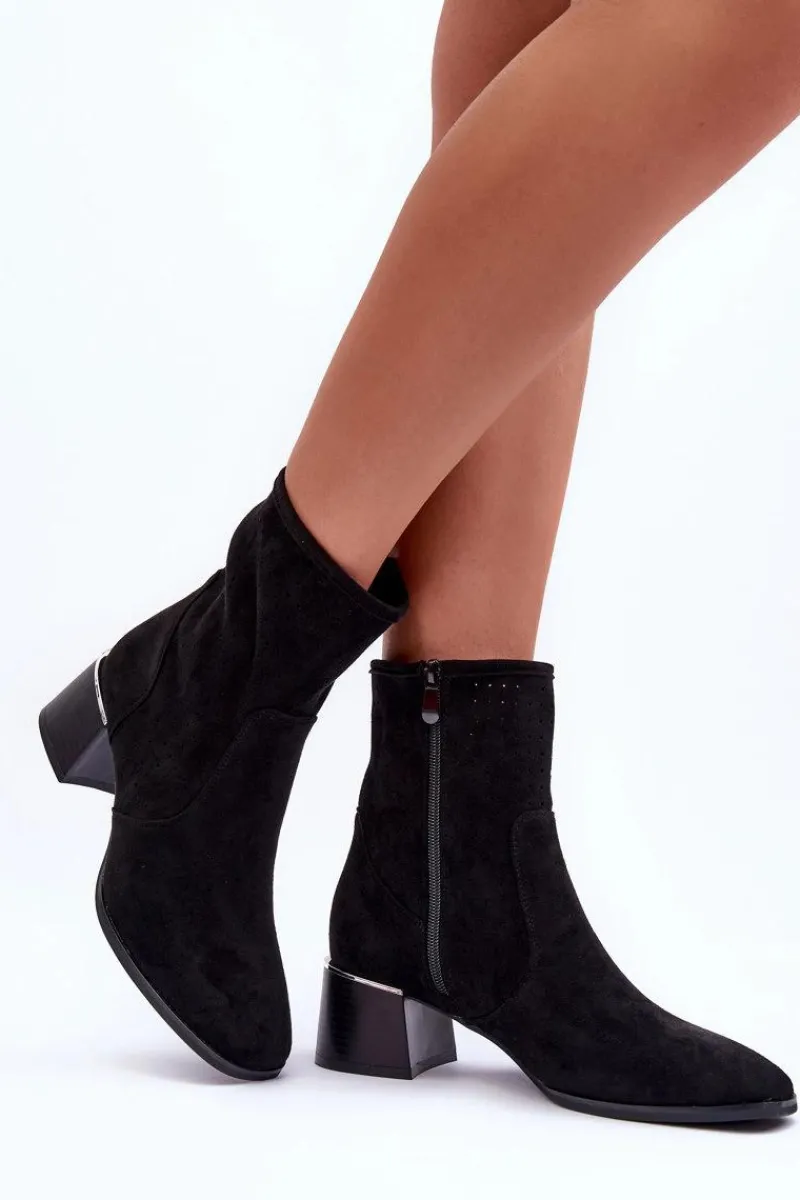 Online Zamszowe Ażurowe Botki Na Obcasie Czarne Perale Damskie Botki Wiosenne|Czarne Botki