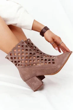 Discount Zamszowe Ażurowe Botki Na Obcasie Nicole 2638 Brązowe Damskie Botki Wiosenne|Botki Na Słupku