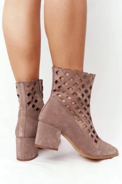 Discount Zamszowe Ażurowe Botki Na Obcasie Nicole 2638 Brązowe Damskie Botki Wiosenne|Botki Na Słupku