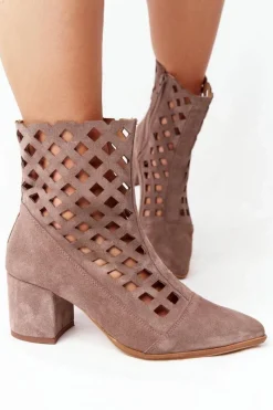 Discount Zamszowe Ażurowe Botki Na Obcasie Nicole 2638 Brązowe Damskie Botki Wiosenne|Botki Na Słupku