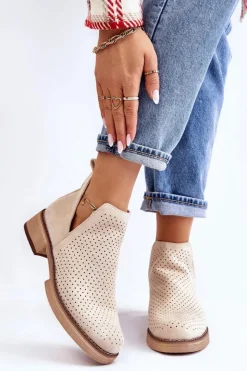 Hot Boto Zamszowe Ażurowe Botki Na Płaskim Obcasie Beżowe Angie