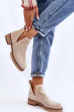 Hot Boto Zamszowe Ażurowe Botki Na Płaskim Obcasie Beżowe Angie