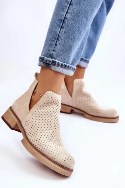 Hot Boto Zamszowe Ażurowe Botki Na Płaskim Obcasie Beżowe Angie