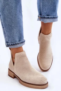Hot Boto Zamszowe Ażurowe Botki Na Płaskim Obcasie Beżowe Angie