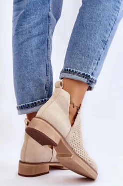 Hot Boto Zamszowe Ażurowe Botki Na Płaskim Obcasie Beżowe Angie