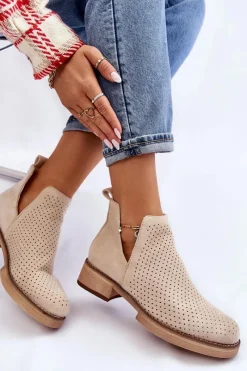 Hot Boto Zamszowe Ażurowe Botki Na Płaskim Obcasie Beżowe Angie