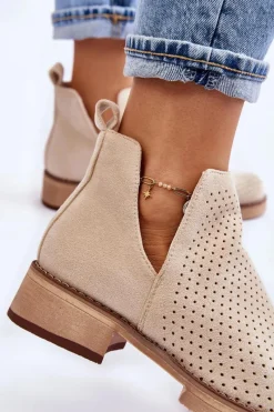 Hot Boto Zamszowe Ażurowe Botki Na Płaskim Obcasie Beżowe Angie