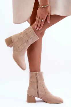 Botki Wiosenne|Botki Ażurowe>Boto Zamszowe Ażurowe Botki Na Obcasie Beżowe Perale