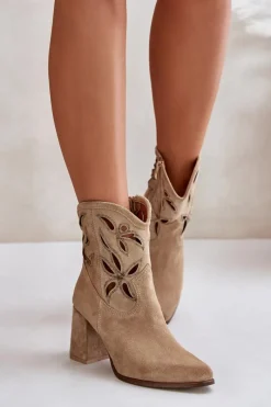 Hot Boto Zamszowe Ażurowe Botki Na Słupku Lewski 3629 Beżowe Beżowy