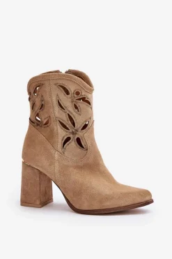 Hot Boto Zamszowe Ażurowe Botki Na Słupku Lewski 3629 Beżowe Beżowy