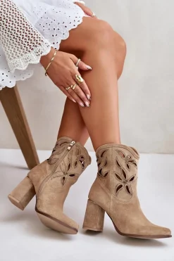 Hot Boto Zamszowe Ażurowe Botki Na Słupku Lewski 3629 Beżowe Beżowy