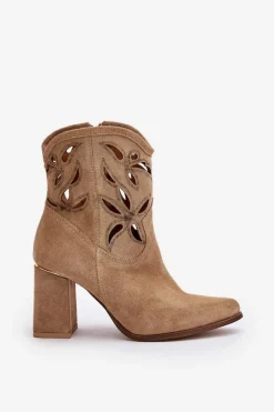 Hot Boto Zamszowe Ażurowe Botki Na Słupku Lewski 3629 Beżowe Beżowy