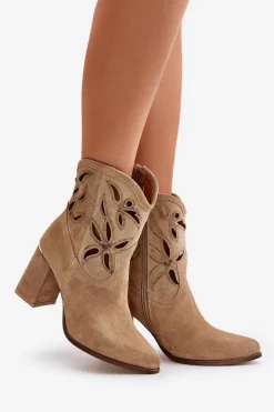 Hot Boto Zamszowe Ażurowe Botki Na Słupku Lewski 3629 Beżowe Beżowy
