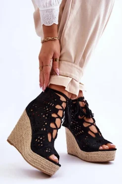 Discount Boto Zamszowe Ażurowe Botki Na Koturnie Czarne Berthe