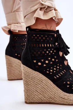 Discount Boto Zamszowe Ażurowe Botki Na Koturnie Czarne Berthe