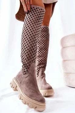 Kozaki Wiosenne|Kozaki Ażurowe>Boto Zamszowe Ażurowe Kozaki Jasnobrązowe Kallede