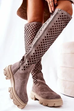 Kozaki Wiosenne|Kozaki Ażurowe>Boto Zamszowe Ażurowe Kozaki Jasnobrązowe Kallede