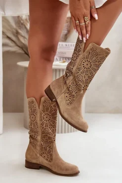 Hot Zamszowe Ażurowe Kozaki Lewski 3366/2Beżowe Damskie Kozaki Wiosenne|Kozaki Ażurowe
