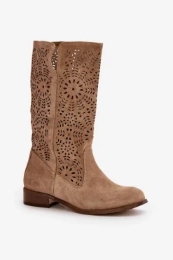 Hot Zamszowe Ażurowe Kozaki Lewski 3366/2Beżowe Damskie Kozaki Wiosenne|Kozaki Ażurowe
