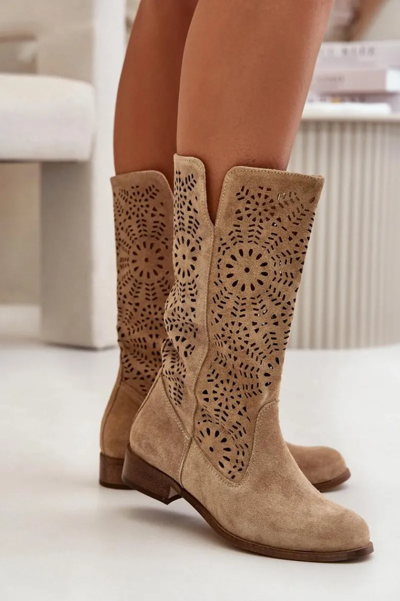 Hot Zamszowe Ażurowe Kozaki Lewski 3366/2Beżowe Damskie Kozaki Wiosenne|Kozaki Ażurowe