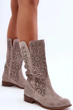 Kozaki Wiosenne|Kozaki Ażurowe>Boto Zamszowe Ażurowe Kozaki Lewski 3366/2 Cappucino