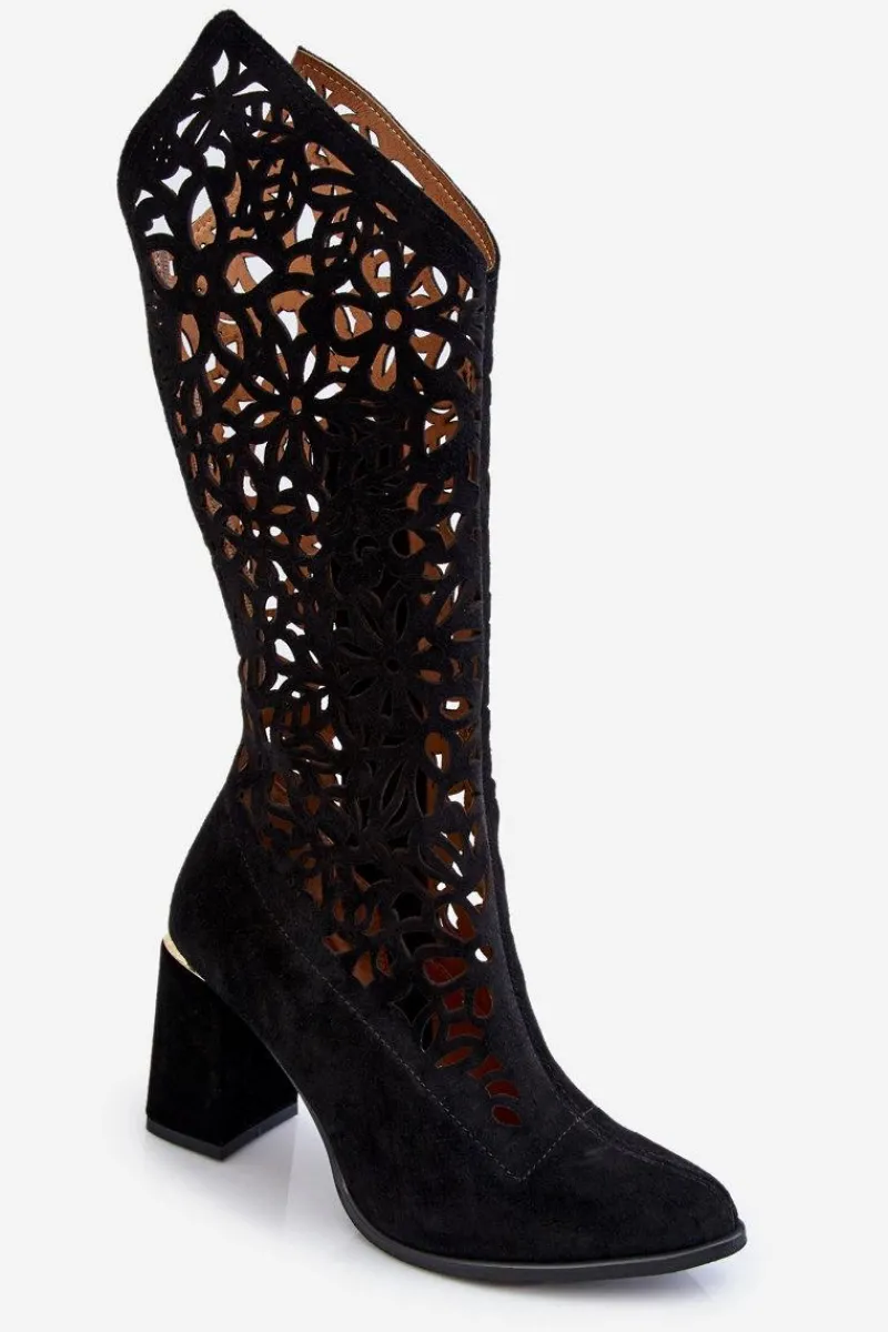 Discount Zamszowe Ażurowe Kozaki Lewski Shoes 3234 Czarne Damskie Kozaki Wiosenne|Kozaki Ażurowe