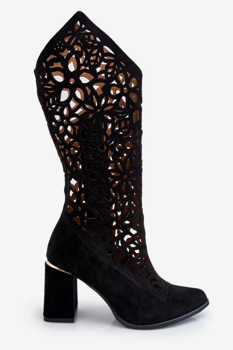 Discount Zamszowe Ażurowe Kozaki Lewski Shoes 3234 Czarne Damskie Kozaki Wiosenne|Kozaki Ażurowe