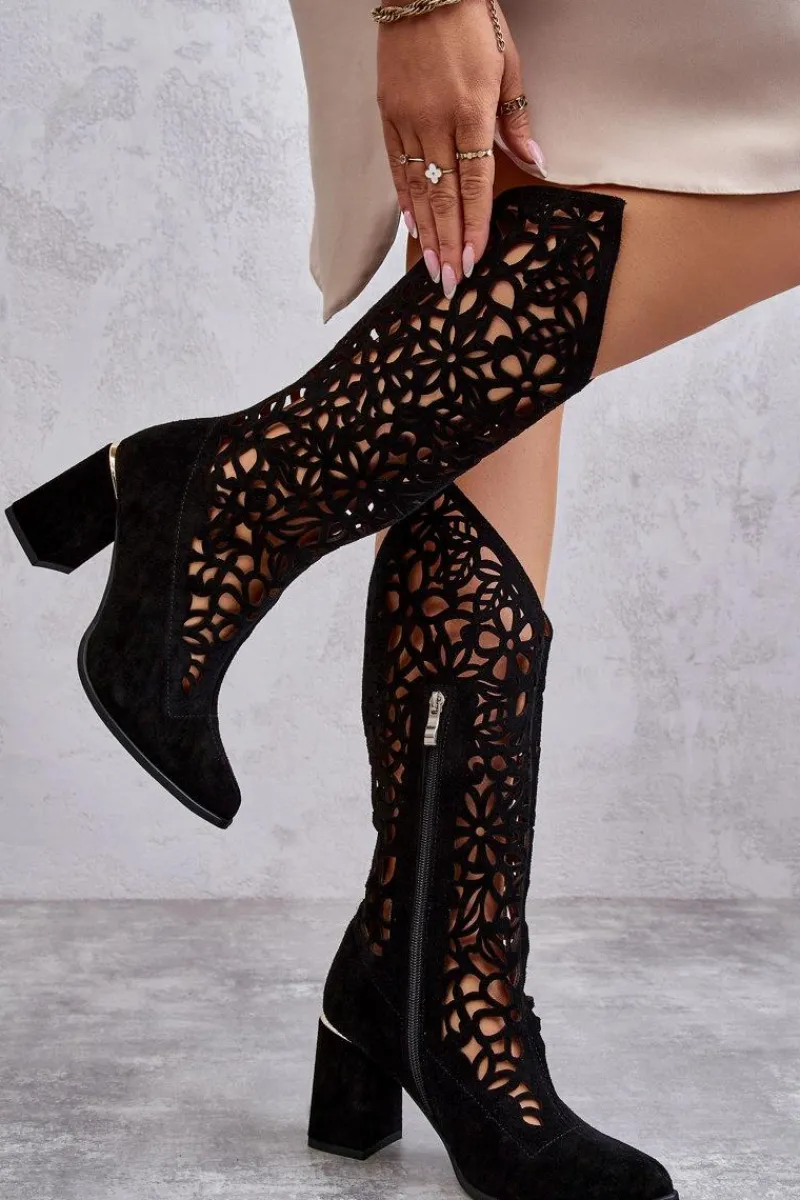 Discount Zamszowe Ażurowe Kozaki Lewski Shoes 3234 Czarne Damskie Kozaki Wiosenne|Kozaki Ażurowe