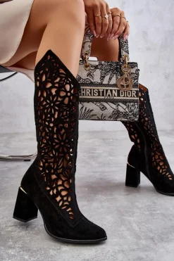 Discount Zamszowe Ażurowe Kozaki Lewski Shoes 3234 Czarne Damskie Kozaki Wiosenne|Kozaki Ażurowe