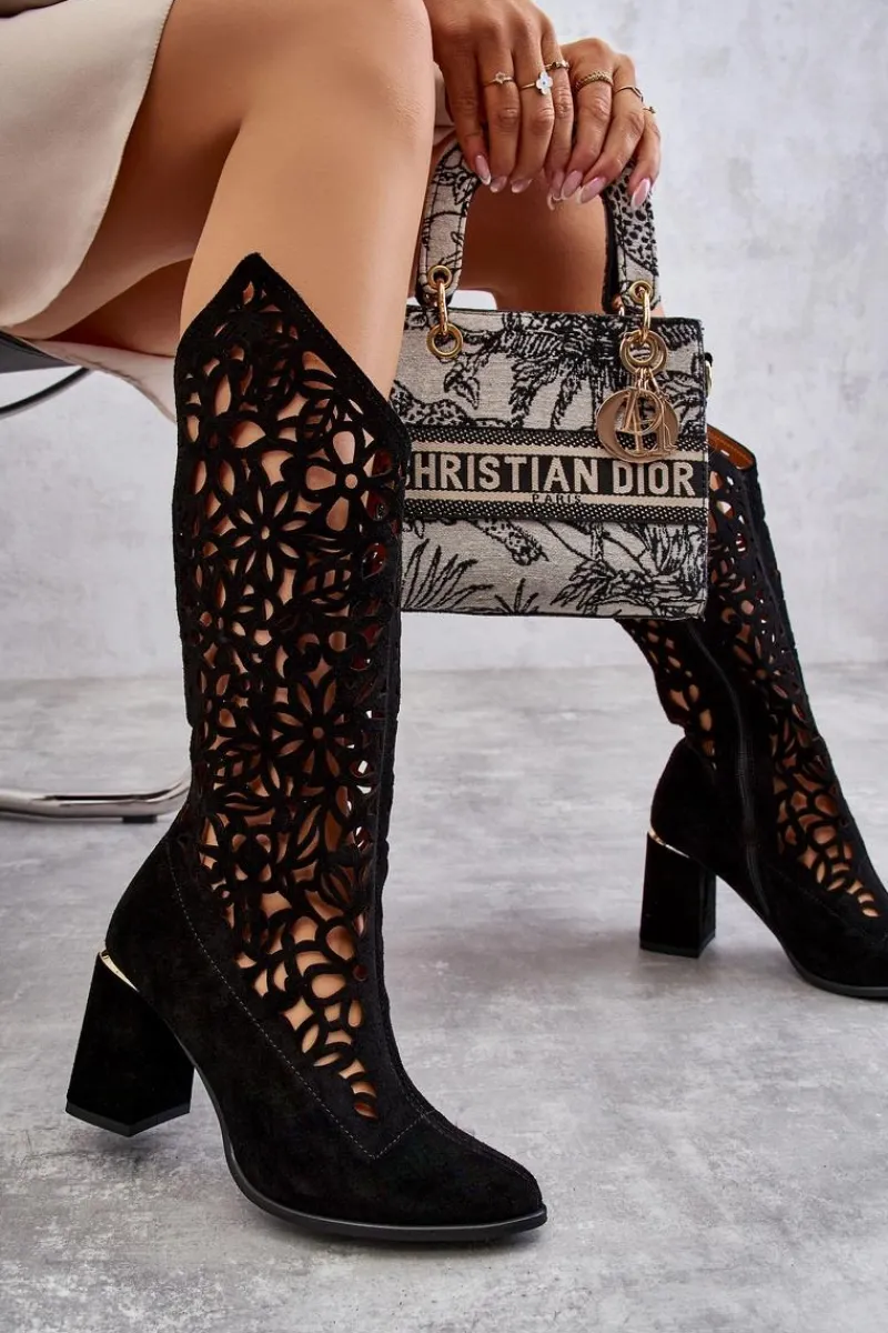 Discount Zamszowe Ażurowe Kozaki Lewski Shoes 3234 Czarne Damskie Kozaki Wiosenne|Kozaki Ażurowe