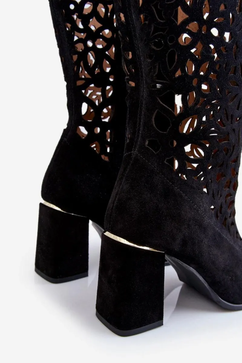 Discount Zamszowe Ażurowe Kozaki Lewski Shoes 3234 Czarne Damskie Kozaki Wiosenne|Kozaki Ażurowe