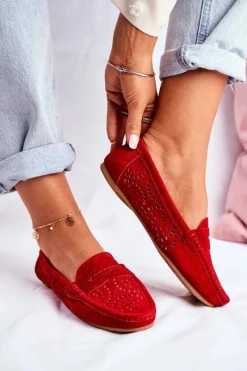 Mokasyny Damskie Zamszowe>Damskie buty S.Barski Zamszowe Ażurowe Mokasyny Damskie S.Barski Czerwone