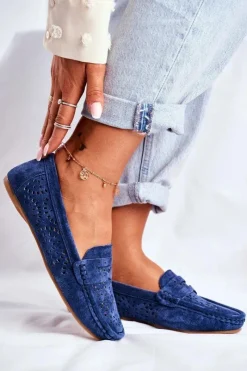 Damskie buty S.Barski Zamszowe Ażurowe Mokasyny Damskie S.Barski Granatowe