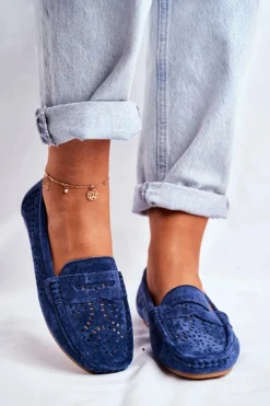 Damskie buty S.Barski Zamszowe Ażurowe Mokasyny Damskie S.Barski Granatowe