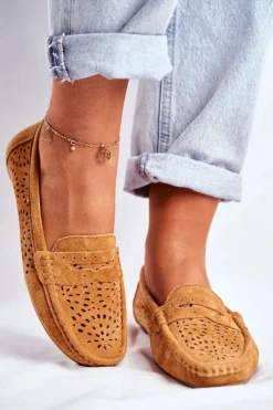 New Zamszowe Ażurowe Mokasyny Damskie S.Barski Camel Damskie Mokasyny Damskie Zamszowe