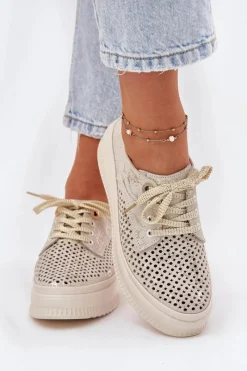 Clearance Artiker Zamszowe Ażurowe Półbuty Damskie Na Platformie 56C2108 Beżowo-Złote