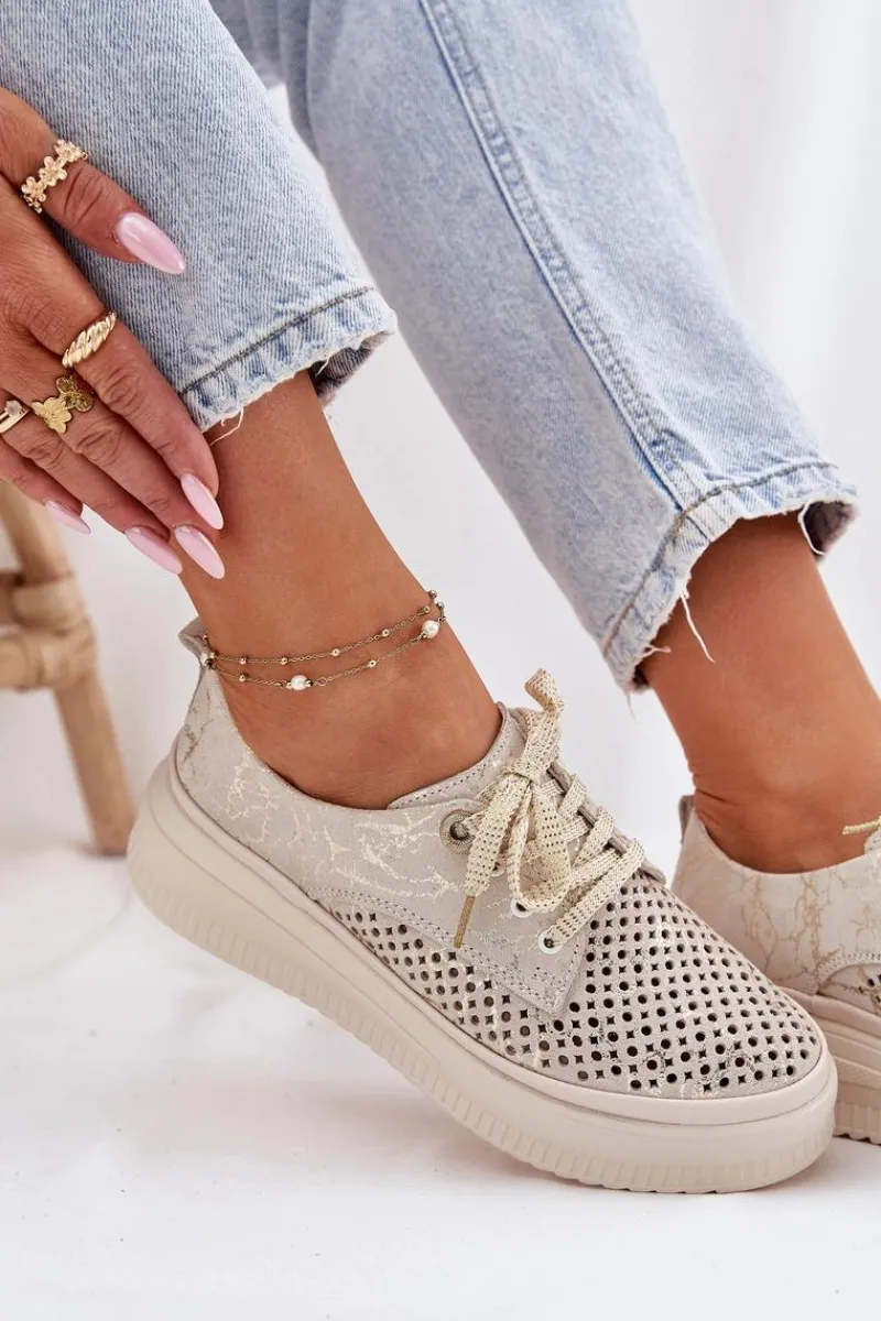 Clearance Artiker Zamszowe Ażurowe Półbuty Damskie Na Platformie 56C2108 Beżowo-Złote