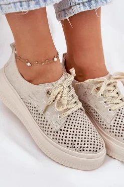 Clearance Artiker Zamszowe Ażurowe Półbuty Damskie Na Platformie 56C2108 Beżowo-Złote