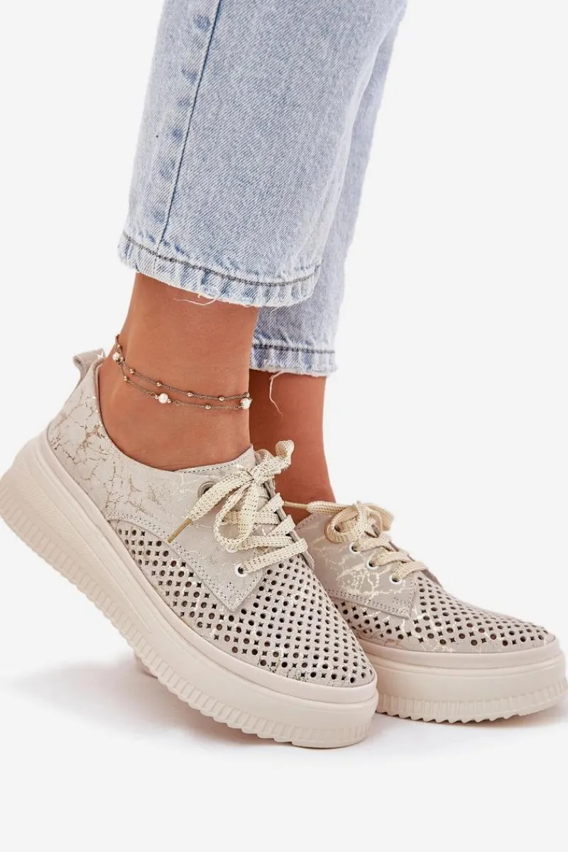Clearance Artiker Zamszowe Ażurowe Półbuty Damskie Na Platformie 56C2108 Beżowo-Złote