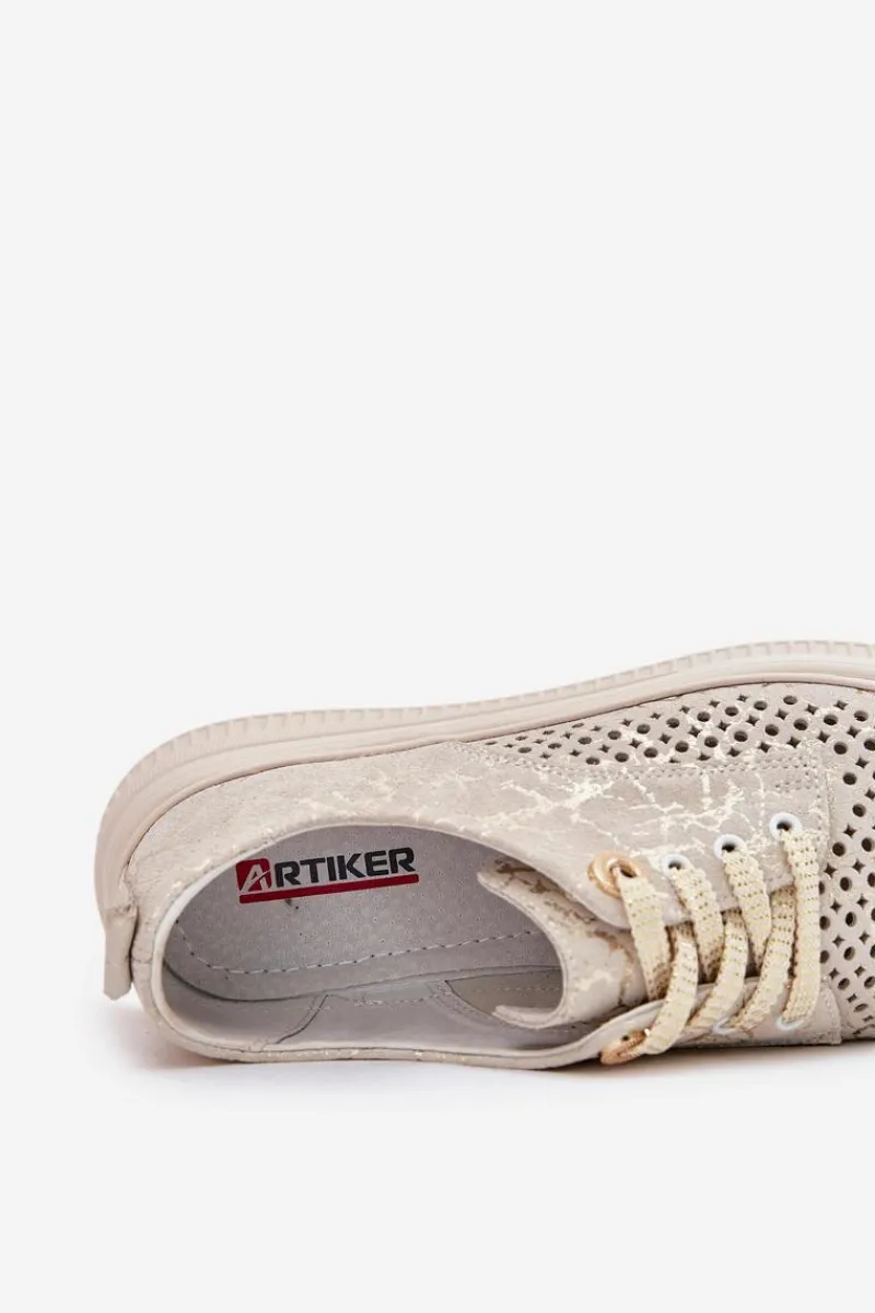 Clearance Artiker Zamszowe Ażurowe Półbuty Damskie Na Platformie 56C2108 Beżowo-Złote