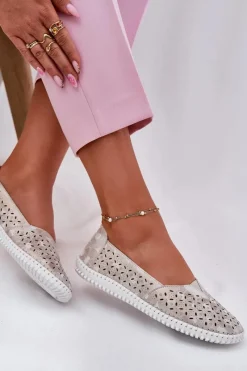 Sale Zamszowe Ażurowe Półbuty Damskie Złoto-Szare Chulieta Damskie Półbuty Skórzane|Mokasyny Damskie Zamszowe