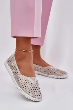 Sale Zamszowe Ażurowe Półbuty Damskie Złoto-Szare Chulieta Damskie Półbuty Skórzane|Mokasyny Damskie Zamszowe