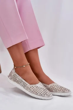 Sale Zamszowe Ażurowe Półbuty Damskie Złoto-Szare Chulieta Damskie Półbuty Skórzane|Mokasyny Damskie Zamszowe