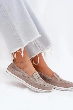 Clearance Evento Zamszowe Ażurowe Półbuty Mokasyny Damskie Złote Redileine