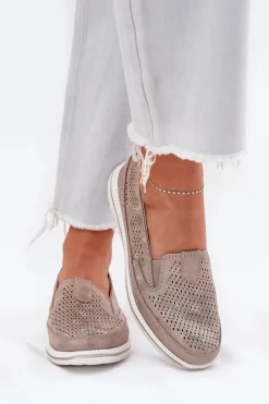 Clearance Evento Zamszowe Ażurowe Półbuty Mokasyny Damskie Złote Redileine