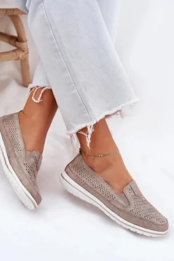 Clearance Evento Zamszowe Ażurowe Półbuty Mokasyny Damskie Złote Redileine