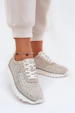 New Zamszowe Ażurowe Sneakersy Na Platformie LR51-927 Złote Damskie Buty Sportowe Na Platformie|Sneakersy Damskie
