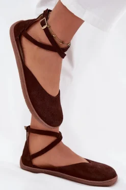 New Zamszowe Baleriny Damskie Barefoot Z Paskami 191 Czekoladowe Damskie Barefoot|Baleriny Skórzane