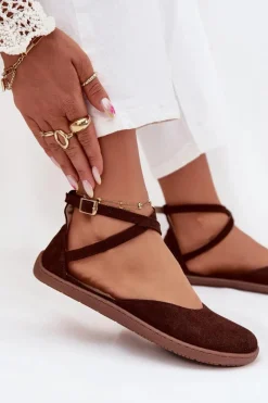 New Zamszowe Baleriny Damskie Barefoot Z Paskami 191 Czekoladowe Damskie Barefoot|Baleriny Skórzane