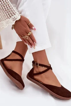 New Zamszowe Baleriny Damskie Barefoot Z Paskami 191 Czekoladowe Damskie Barefoot|Baleriny Skórzane